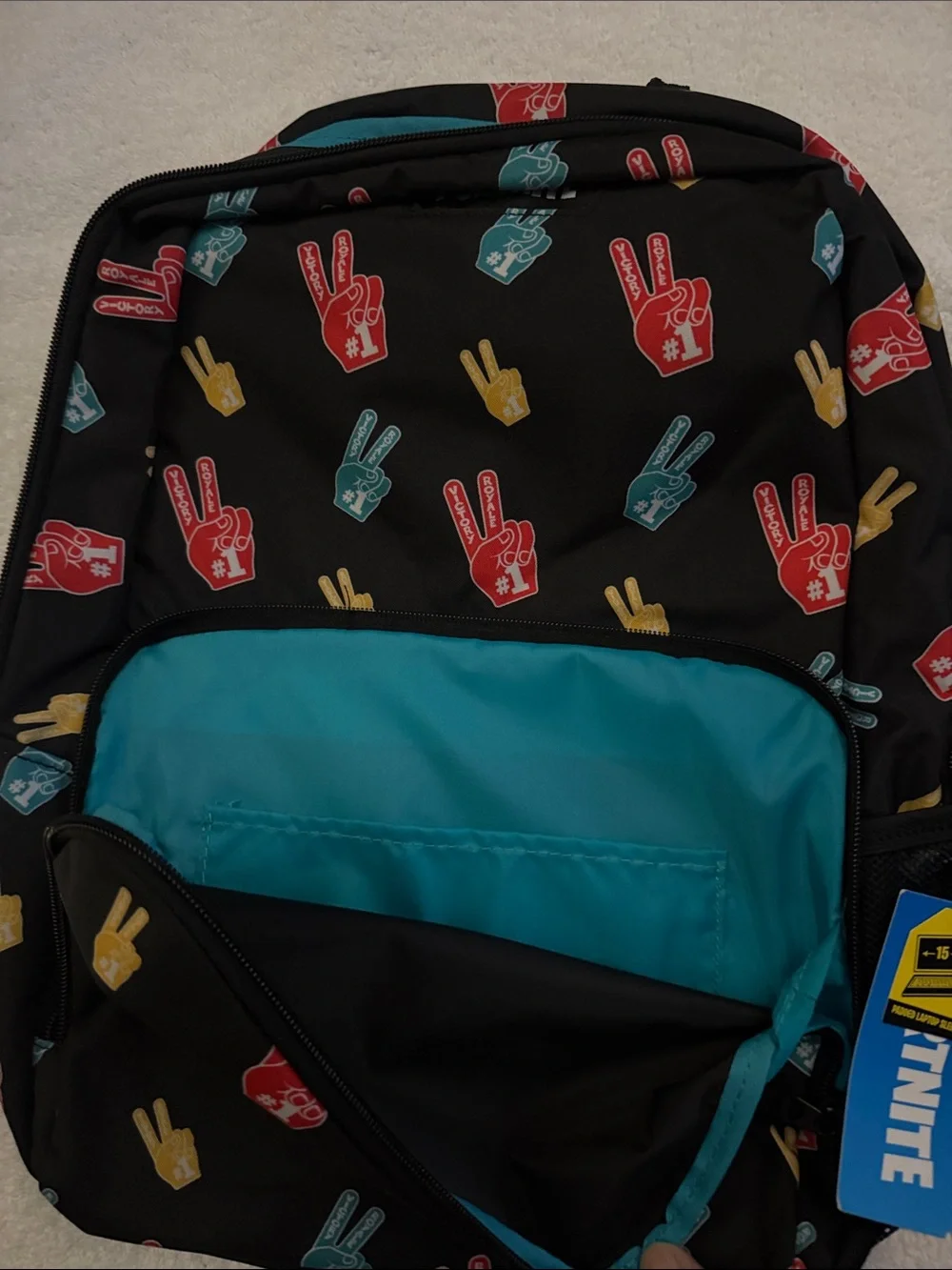 Fortnite Black Backpack with Multi-Color Peace Sign Print. NWT